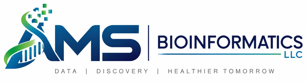 AMS Bioinformatics LLC logo and Data Discovery Healthier Tomorrow tagline